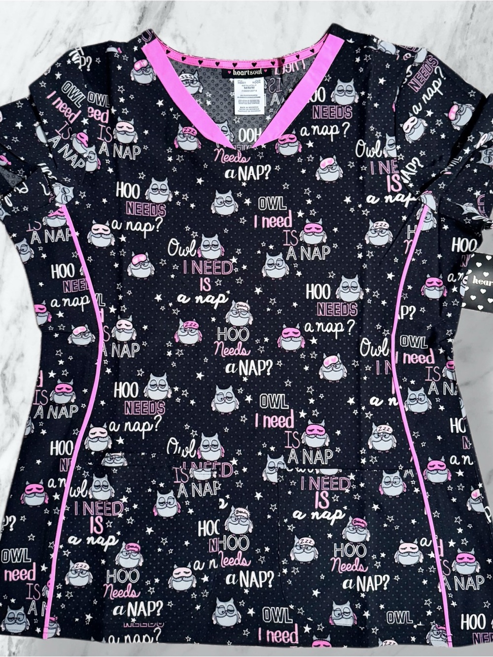 HeartSoul Black Scrub Top with Pink Trim and Owl Print